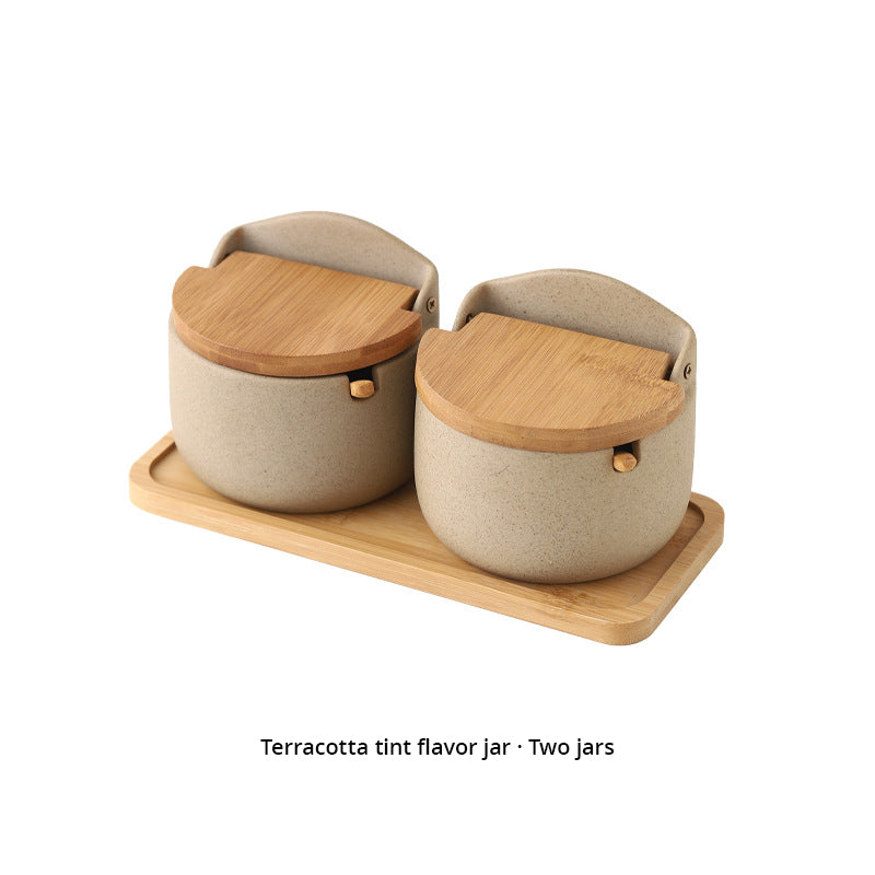 Japanese Ceramic Bamboo and Wood Lid Seasoning Jar